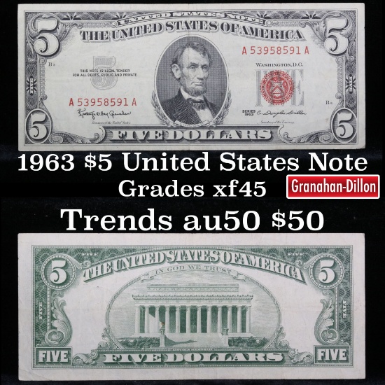 1963 $5 Red seal United States Note Grades xf+