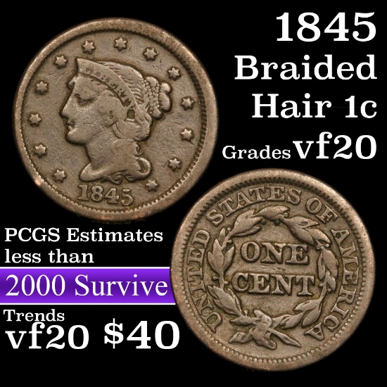 1845 Braided Hair Large Cent 1c Grades vf, very fine