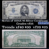 1934A $5 Blue Seal Silver Certificate Grades vf+