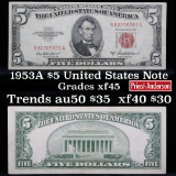 1953A $5 Red Seal United States Note Grades xf+