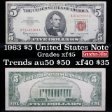 1963 $5 Red seal United States Note Grades xf+