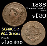 1838 Coronet Head Large Cent 1c Grades vf, very fine