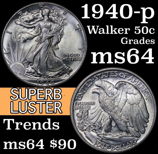 1940-p Walking Liberty Half Dollar 50c Grades Choice Unc