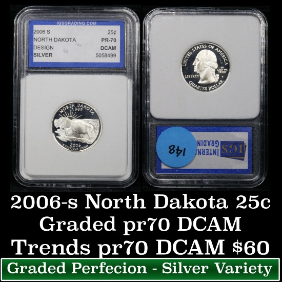 2006-s Silver Proof North Dakota Washington Quarter 25c Graded GEM++ Proof Deep Cameo By IGS