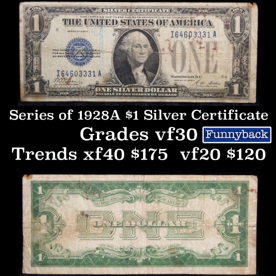 1928A $1 Blue Seal Silver Certificate Sigs Woods/Mellon Grades vf++