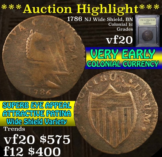 **Auction Highlight** 1786 NJ Wide Shield, BN Colonial Cent 1c Graded vf, very fine by USCG (fc)