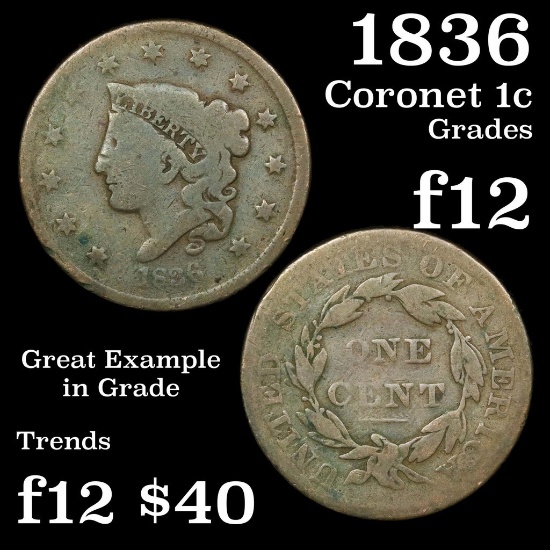 1836 Coronet Head Large Cent 1c Grades f, fine