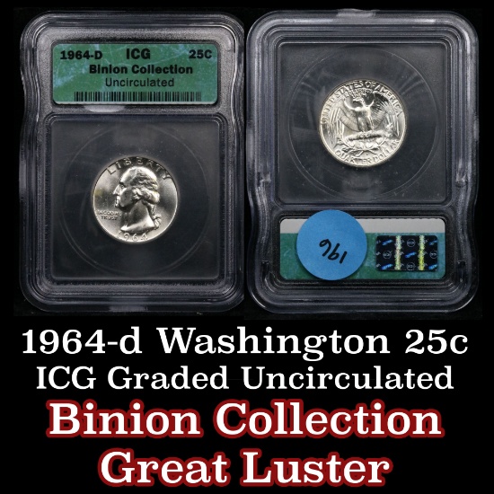 1964-d Washington Quarter 25c Graded ms60 by ICG