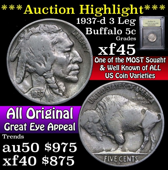 ***Auction Highlight*** 1937-d 3 Leg Buffalo Nickel 5c Graded xf+ by USCG (fc)