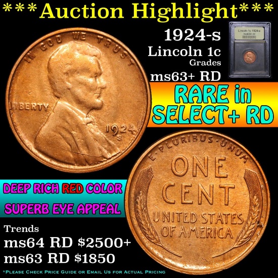 ***Auction Highlight*** 1924-s Lincoln Cent 1c Graded Select+ Unc RD by USCG (fc)