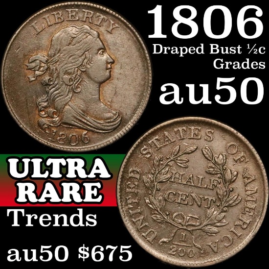 1806 Draped Bust Half Cent 1/2c Grades AU, Almost Unc