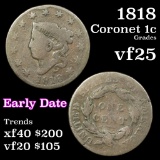 1818 Coronet Head Large Cent 1c Grades vf+