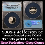 ANACS 2008-s Proof Jefferson Nickel 5c Graded pr69 DCAM By Anacs