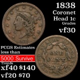 1838 Coronet Head Large Cent 1c Grades vf++