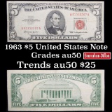 1963 $5 Red seal United States Note Grades AU, Almost Unc
