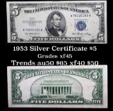 1953 Blue Seal Silver Certificate $5 Grades xf+