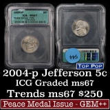 2004-p Peace Jefferson Nickel 5c Graded ms67 by ICG