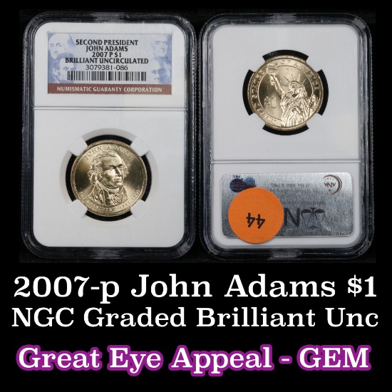 NGC 2007-p John Adams Presidential Dollar $1 Graded Gem By NGC