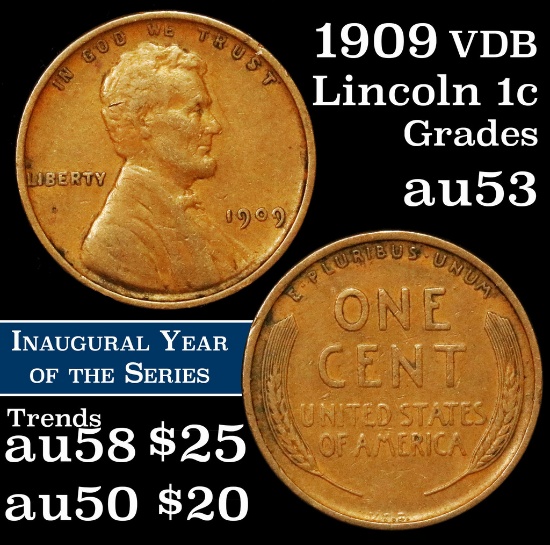 1909 vdb Lincoln Cent 1c Grades Select AU