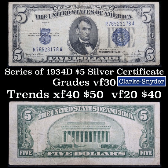 1934D $5 Blue Seal Silver Certificate Grades vf++