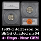 1963-d Jefferson Nickel 5c Graded Choice Unc By SEGS