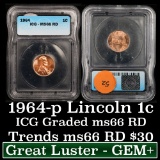 1964-p Lincoln Cent 1c Graded Gem+ RD By ICG