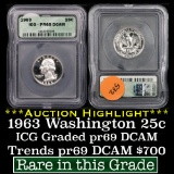 1963 Washington Quarter 25c Graded Gem++ Proof Deep Cameo By ICG