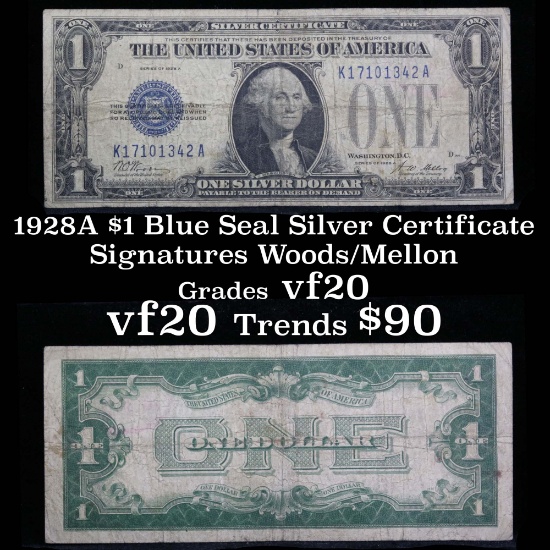 1928A $1 Blue Seal Silver Certificate Sigs Woods/Mellon Grades f+