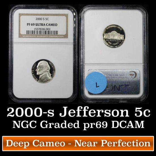 NGC 2000-s Jefferson Nickel 5c Graded GEM++ Proof Deep Cameo By NGC
