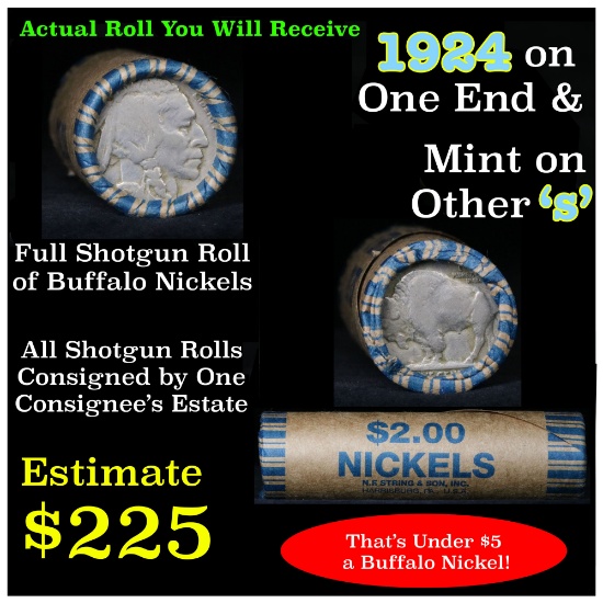 Full roll of Buffalo Nickels, 1924 on one end & a 's' Mint reverse on other end (fc)