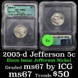 2005-d Bison Jefferson Nickel 5c Graded ms67 By ICG