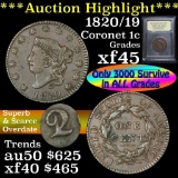 ***Auction Highlight*** 1820/19 Coronet Head Large Cent 1c Graded xf+ by USCG (fc)