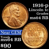 1916-p Lincoln Cent 1c Grades Choice Unc RB
