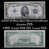 1934A $5 Blue Seal Silver certificate Grades f+