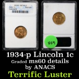ANACS 1934-p Lincoln Cent 1c Graded ms60 details By ANACS