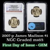 NGC 2007-p James Madison Presidential Dollar $1 Graded GEM By NGC