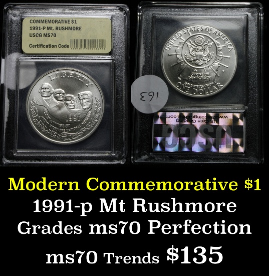 1991-S Mount Rushmore Modern Commem Dollar $1 Graded ms70, Perfection By USCG