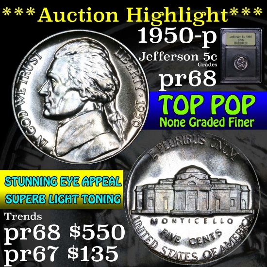 ***Auction Highlight*** 1950-p Jefferson Nickel 5c Graded GEM++ Proof by USCG (fc)