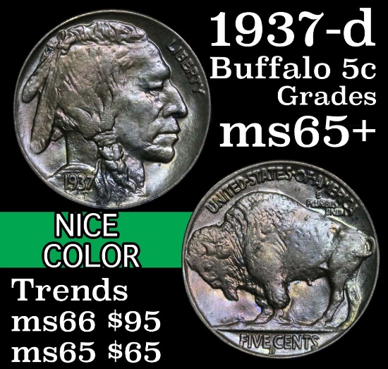 1937-d Buffalo Nickel 5c Grades GEM+ Unc