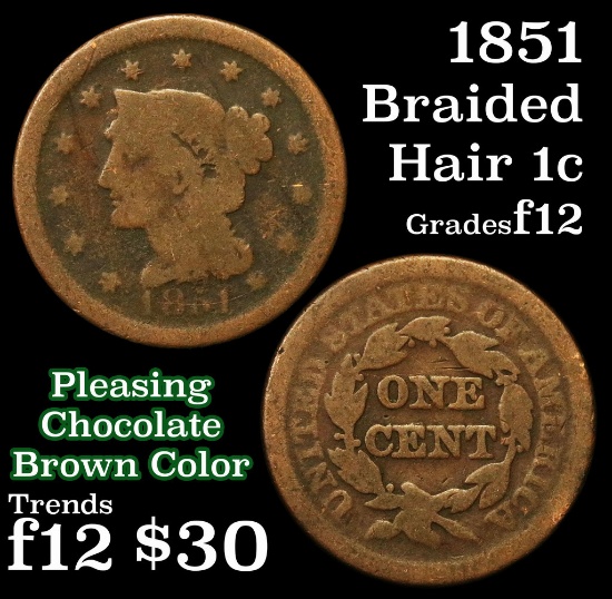 1851 Braided Hair Large Cent 1c Grades f, fine.