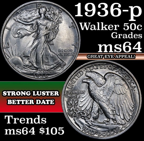 1936-p Walking Liberty Half Dollar 50c Grades Choice Unc