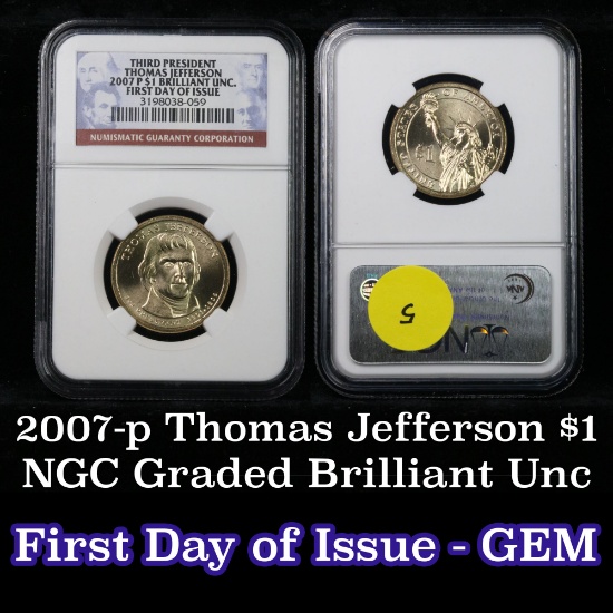 NGC 2007-p Thomas Jefferson Presidential Dollar $1 Graded ms65 By NGC