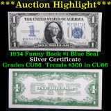***Auction Highlight*** 1934 Funny Back $1 Blue Seal Silver Certificate $1 Grades Gem+ CU (fc)