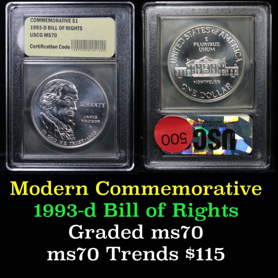 1993-d Bill of Rights Modern Commem Dollar $1 Graded ms70, Perfection by USCG