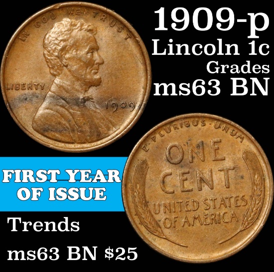 1909-p Lincoln Cent 1c Grades Select Unc BN