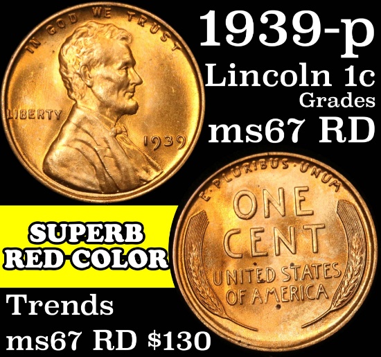 1939-p Lincoln Cent 1c Grades GEM++ Unc RD