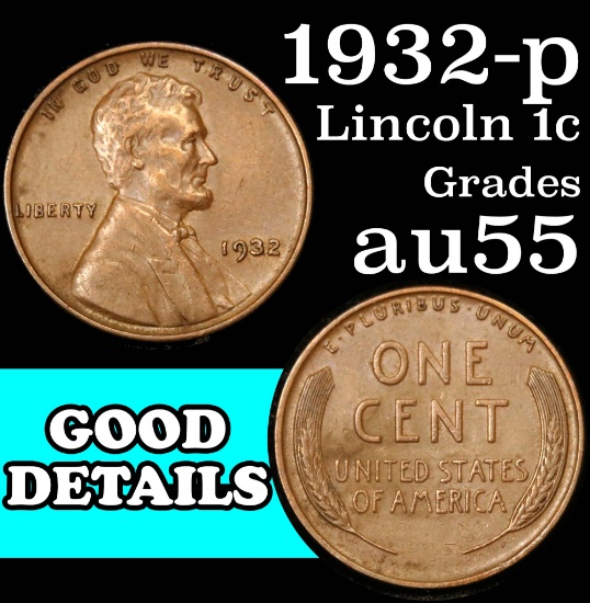1932-p Lincoln Cent 1c Grades Choice AU