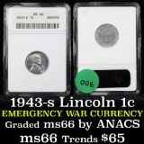 ANACS 1943-s Lincoln Cent 1c Graded ms66 By ANACS