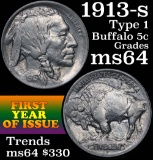 1913-s Ty I Buffalo Nickel 5c Grades Choice Unc