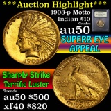 ***Auction Highlight*** 1908-p Motto Gold Indian Eagle $10 Graded AU, Almost Unc By USCG (fc)